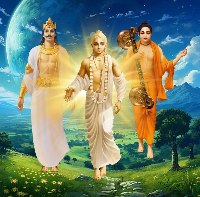 Three characters from the series walking across a meadow beneath a large planet